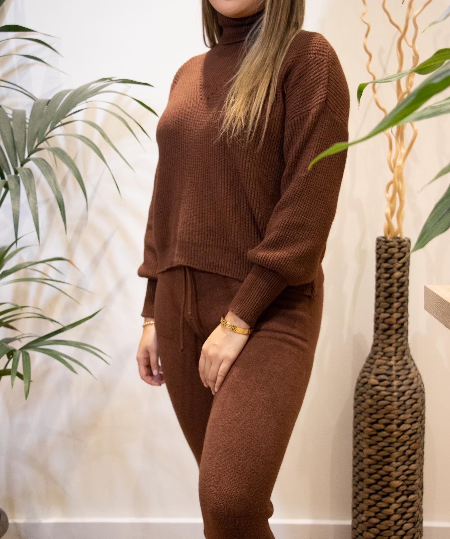 Chacolate Brown Roll Neck Knitted Loungewear Set