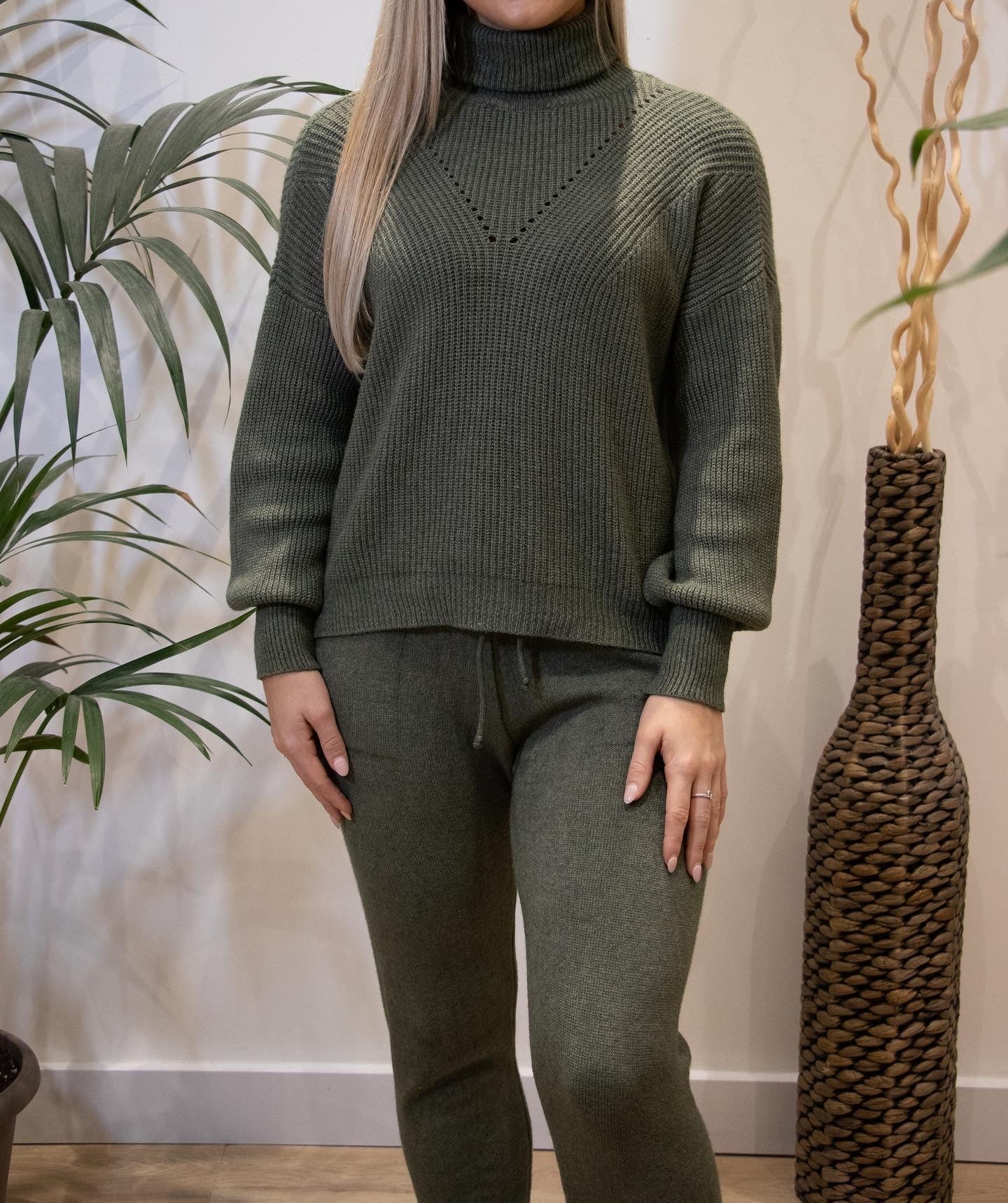 Khaki Roll Neck Knitted Loungewear Set