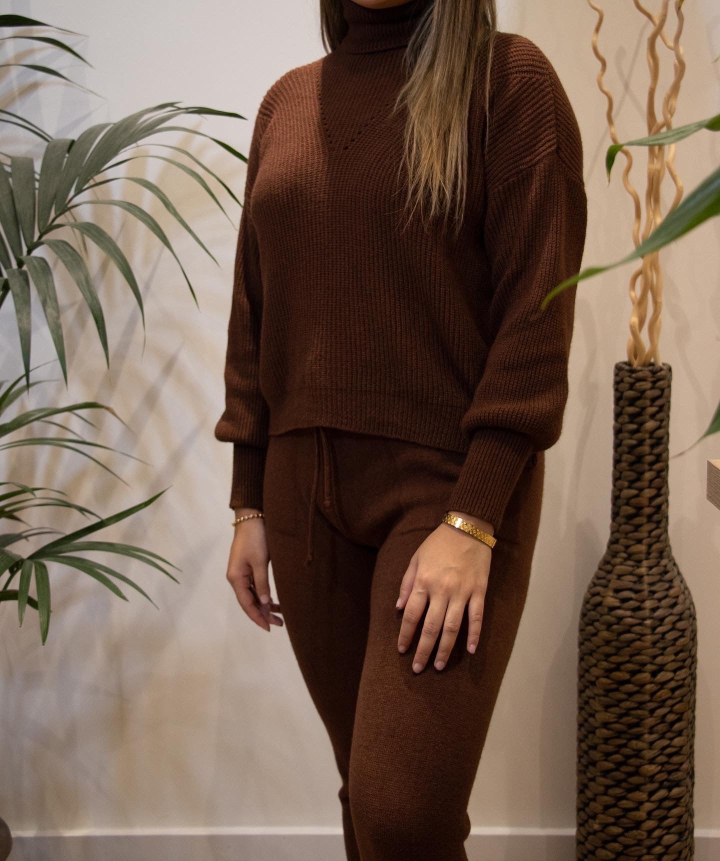 Chacolate Brown Roll Neck Knitted Loungewear Set