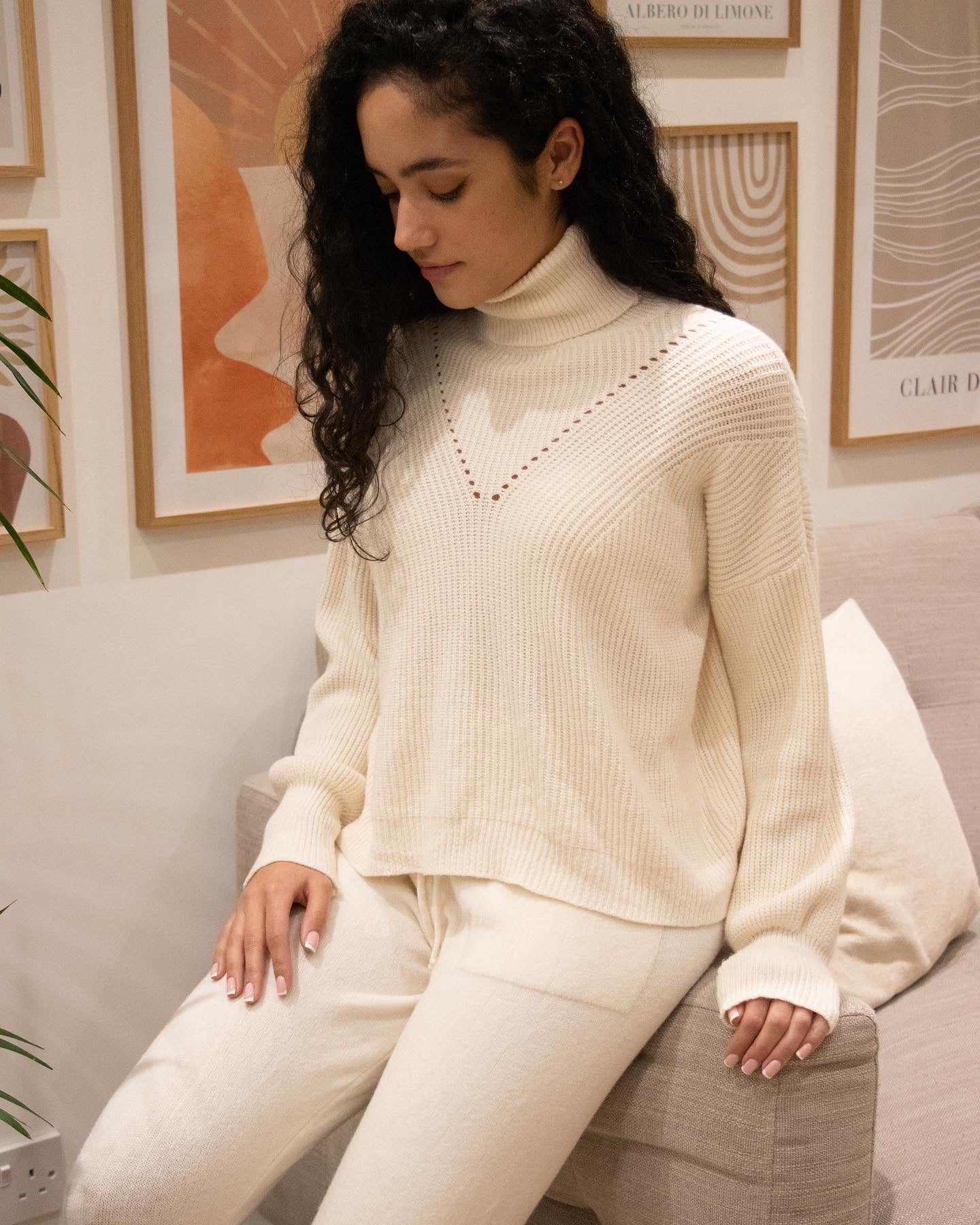 Cream Roll Neck Knitted Loungewear Set