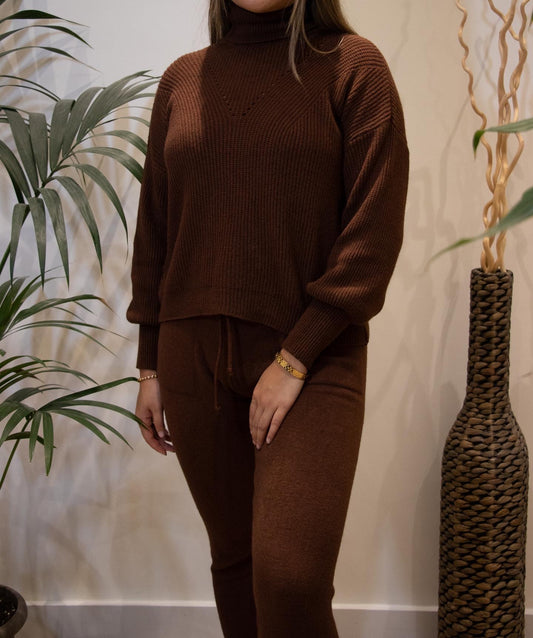 Chacolate Brown Roll Neck Knitted Loungewear Set